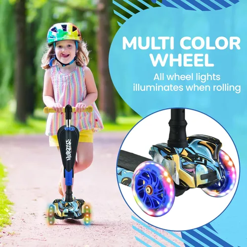 Miniatura 5 de Hurtle Patinete de 3 ruedas para niños, luces LED de ruedas, manubrio ajustable de inclinación para dirigir y asiento plegable, paseo sentado