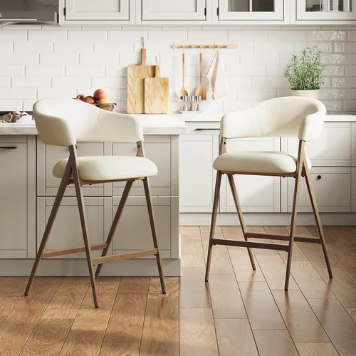 COLAMY Juego de 2 taburetes de bar de 26 pulgadas de altura de mostrador con respaldo, sillas de bar tapizadas modernas con patas de metal para Beige
