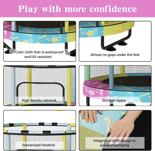 Miniatura 5 de Lamerge Kids Trampoline, Toddler Bouncing Trampoline with Safety Enclosure Net, ASTM-Approved, 500lbs Capacity, Ages 1-8, Adjustable Handrail