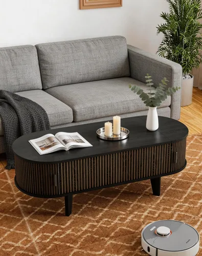 Miniatura 6 de Mesa auxiliar ovalada con almacenamiento, mesa de centro acanalada de 47.2 pulgadas con puerta corrediza de tambor de 180°, mesa central moderna