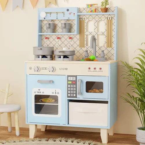 BIERUM Cocina de Juguevo con Luces y Sonidos Realistas, Juego de Cocina de Madera para Niños, Juego de Simulación de Chef para Niños Pequeños, Azul