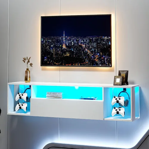 Miniatura 3 de sogesfurniture Soporte de TV de 39.3 pulgadas, centro de entretenimiento flotante con luces, consola multimedia moderna con almacenamiento, soporte