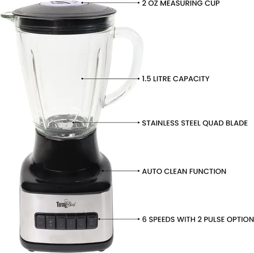 Miniatura 6 de Total Chef - Batidora de encimera de 6 velocidades con jarra de vidrio, 1.5 L/1.6 cuartos de galón, acero inoxidable y negro, 500 vatios, limpieza