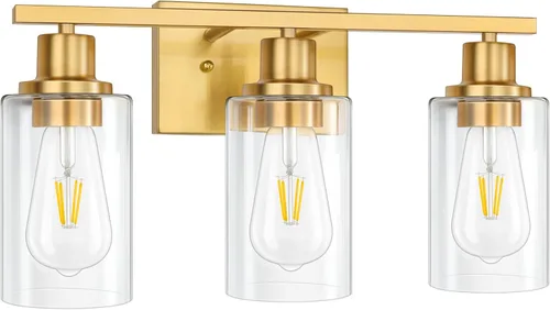 Miniatura 5 de Lámparas de pared doradas para baño de latón cepillado, lámparas de pared modernas de 3 luces con apliques de vidrio transparente, lámpara de pared