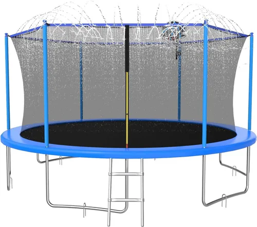Miniatura 9 de ACWARM HOME Trampolín para exteriores de 10/12/14 pies para niños y adultos, trampolín con aro de baloncesto y rociador, antioxidante, aprobado por