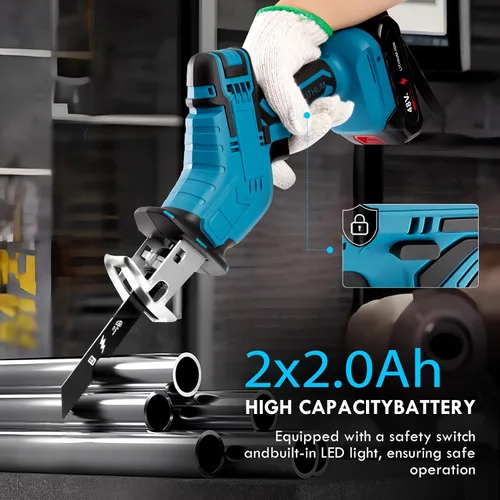 Miniatura 6 de Sierra recíproca inalámbrica, velocidad variable 3000 RPM motor sin escobillas con 8 hojas de sierra, 2 baterías de 2.0 Ah, luz LED, cambio de hoja