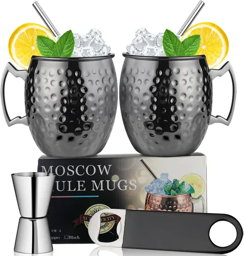 Miniatura 8 de LINALL Moscow Mule - Juego de 4 tazas de acero inoxidable chapadas en negro bronce de 18 onzas, taza medidora, selecciones de cóctel para bebidas 4