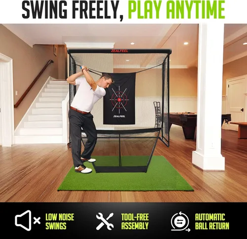 Miniatura 6 de Zealfeel Golf Net, Golf Simulator Enclosure Net with Side Barriers & Auto-Ball Return, Low-Noise Silk Target, Carry Bag, 2 Sand Bags, 4 Stakes