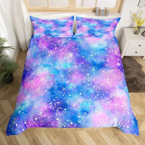 Miniatura 2 de Juego de funda de edredón con estrellas con purpurina y galaxia psicodélica, color azul marino y morado, tamaño individual, juego de ropa de cama