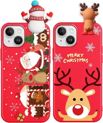 Miniatura 24 de Paquete de 2 fundas navideñas lindas para iPhone 13 Pro, patrón rojo 3D de muñeco Papá Noel muñeco de nieve Feliz Navidad de silicona suave TPU