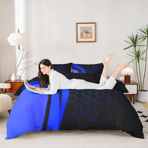 Miniatura 3 de Juego de ropa de cama de panal hexagonal para niños, niñas, adolescentes, funda de edredón geométrica transpirable, colmena geométrica roja y negra