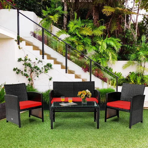 Miniatura 3 de Tangkula Juego de muebles de ratán de 4 piezas, juego de conversación al aire libre con silla, sofá biplaza y mesa de centro de vidrio templado, Rojo