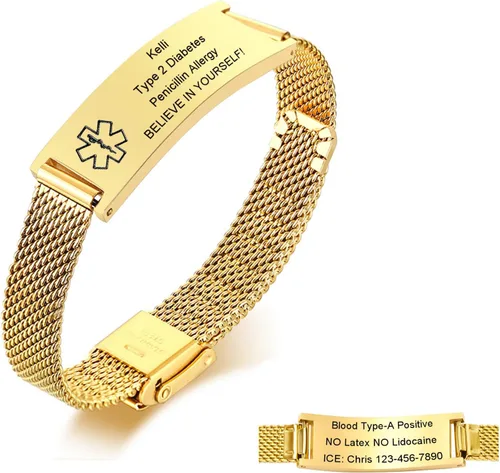 Pulseras personalizadas de alerta médica para hombres, mujeres y niños, grabado gratuito, malla de acero inoxidable ajustable, pulsera de