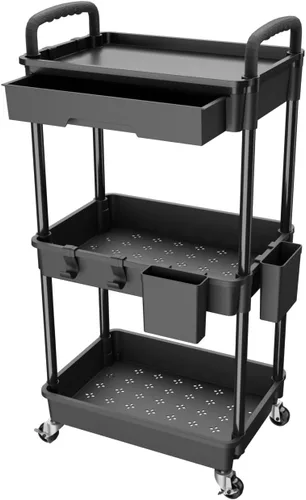 Miniatura 15 de Carrito rodante de 3 niveles con cajón, carrito de servicio REBECAT hecho de organizador de almacenamiento multifuncional para cocina, baño, sala