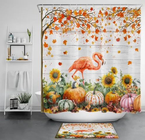 Miniatura 27 de LB Cortina de ducha de flores blancas y moradas para baño, lindo pájaro y hojas de otoño sobre tela beige con ganchos, juego botánico floral