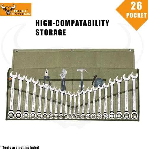 Miniatura 4 de BULL TOOLS Organizador de Rollo de Herramientas con 26 Bolsillos para Llaves, Métrico y SAE, Lona de Algodón Durable, Bolsa de Herramientas Oliva