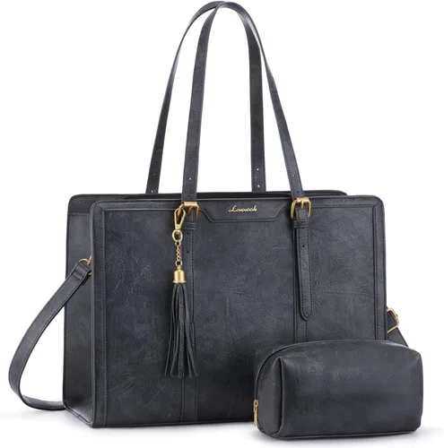Miniatura 7 de LOVEVOOK Bolsa de mano para laptop para mujer, bolsa de trabajo vintage de 15.6 pulgadas con embrague, bolso grande de cuero para laptop con soporte