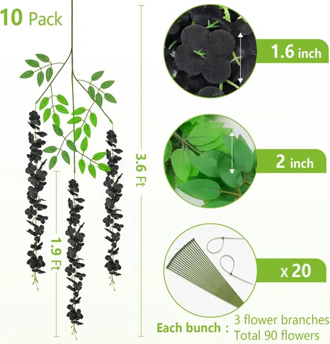 Miniatura 2 de BLEUM CADE 10 Piezas Flores Colgantes de Glicina Falsa Negra, 3.6 Pies/Pieza Guirnalda de Glicina Artificial, Flores Colgantes para Boda Fiesta