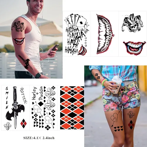 Miniatura 4 de JEEFONNA 22 hojas de tatuajes temporales de Halloween, tatuajes temporales de Joker perfectos para disfraces, accesorios de fiesta de Halloween
