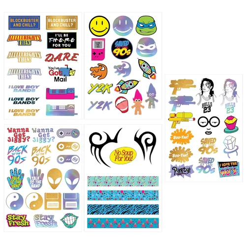 Miniatura 2 de Tatuajes temporales con temática de los años 90, 5 hojas, divertidos recuerdos de fiesta de los años 90, decoraciones y suministros