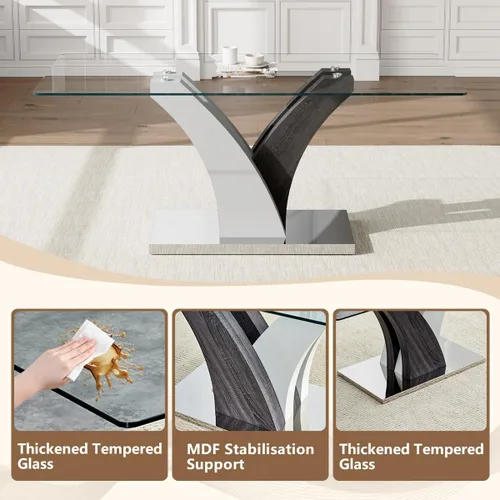 Miniatura 4 de Juego de mesa de comedor de cristal para 6, juego de mesa de cocina de 71 pulgadas para 6, juego de mesa de comedor grande con sillas de piel