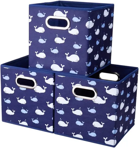 Miniatura 10 de QY-SC05-3 - Cubos de almacenamiento plegables de 13 pulgadas, cajas de almacenamiento de tela a rayas color verde azulado, insertos plegables