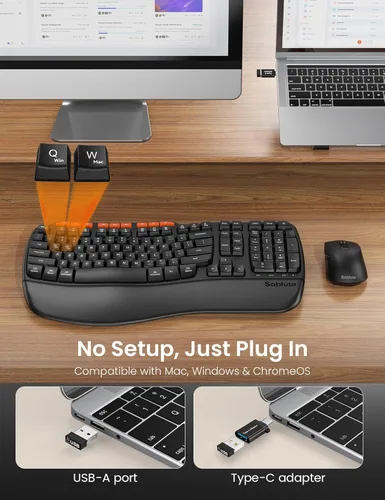 Miniatura 5 de Combo de teclado y mouse inalámbricos ergonómicos, 2.4G de tamaño completo con teclado de onda y reposa muñeca acolchado, escritura natural, mouse