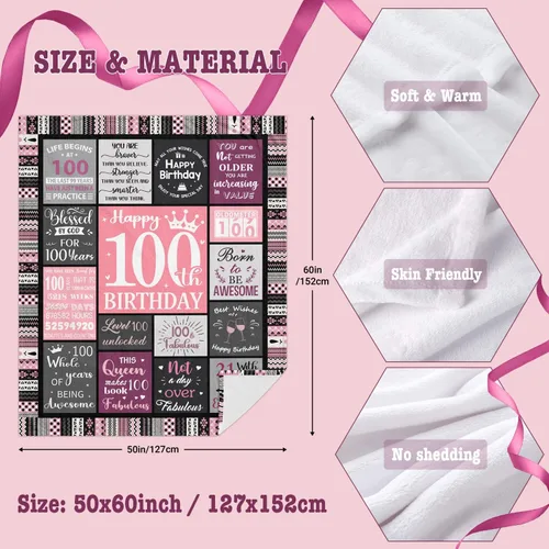Miniatura 6 de Ivivis Regalos de 100º Cumpleaños para Mujeres Manta 60"x50", Suministros de Decoraciones para Fiesta de 100º Cumpleaños, Regalos de Feliz 100º