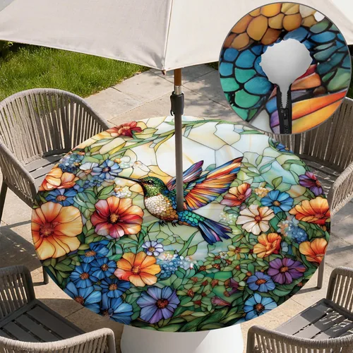 Miniatura 6 de Mantel para exteriores con agujero para sombrilla y cremallera, impermeable, redondo, ajustable con borde elástico, mantel lavable para mesa al aire