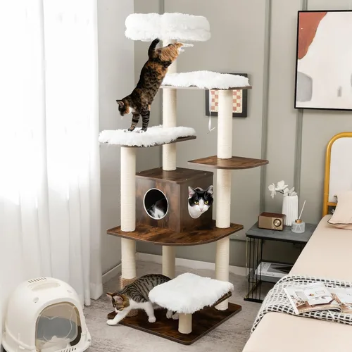 Tangkula Árbol Alto para Gatos, Torre para Gatos de 71 Pulgadas con Plataforma de Múltiples Niveles, Árbol Moderno de Madera para Gatos con Postes