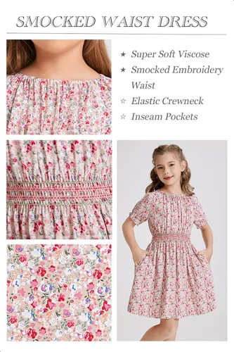 Miniatura 3 de Vestido floral con cintura fruncida para niñas, ropa de juego para la iglesia, vacaciones, vestido midi suave con bolsillos