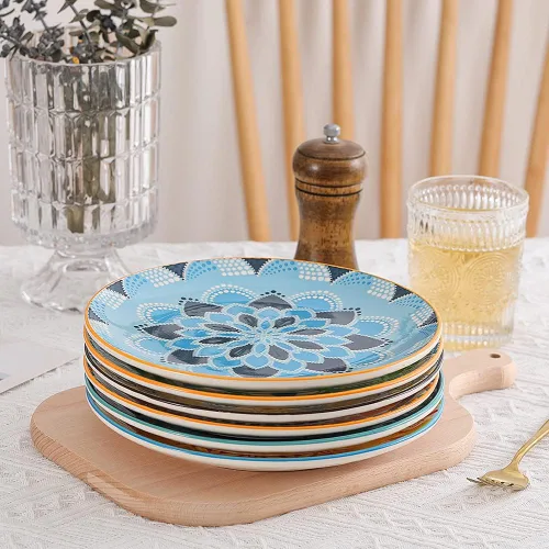 Miniatura 6 de Juego de 6 platos de postre de 8 pulgadas de cerámica para ensalada y aperitivos - Colores vibrantes para mezclar y combinar - Aptos para Mándala