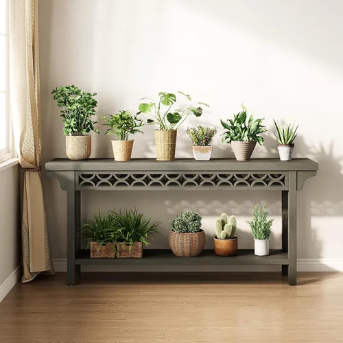 Miniatura 8 de LITTLE TREE Consola de 70.87 pulgadas de largo, mesa de entrada estrecha de madera maciza con estante, mesa de sofá rústica para sala de estar, Negro