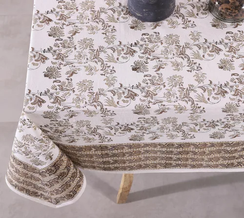 Miniatura 2 de Labhanshi Mantel rectangular de 6 plazas de algodón prelavado con estampado indio a mano, 60 x 90 pulgadas, diseño floral de algodón prelavado