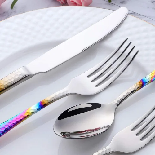 Miniatura 6 de Juego de cubiertos martillados, 20 piezas, cubiertos de cocina de acero inoxidable de alta calidad, esmalte de espejo, aptos para lavavajillas