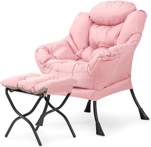 Miniatura 13 de Athena Collection Silla perezosa con otomana, sofá de salón, silla tapizada con reposapiés plegable, silla de lectura con bolsillo lateral y Beige