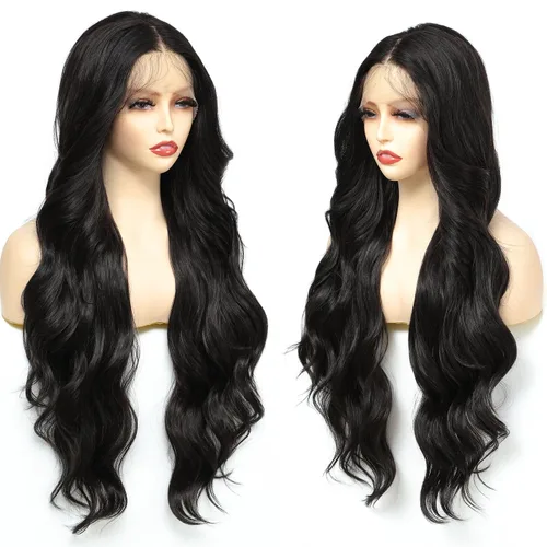 Miniatura 6 de X-TRESS Pelucas sintéticas de encaje frontal negro para mujeres, 28 pulgadas para usar y llevar, sin pegamento, raya en medio, peluca de encaje