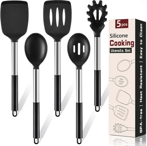 Juego de utensilios de cocina de silicona, 5 piezas, herramientas de cocina resistentes al calor, incluye espátula sólida y ranurada, cuchara de