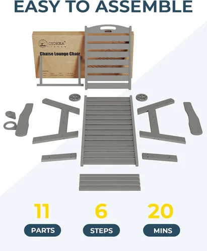 Miniatura 7 de Ciokea Silla de Descanso para Exteriores, Tumbona de Gran Tamaño con 5 Posiciones, HDPE, Silla de Descanso de Patio con Ruedas y Portavasos para Gris