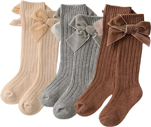 Kayotuas Calcetines altos hasta la rodilla con lazos, calcetines de uniforme con volantes de tubo largo, calcetines de punto acanalado para bebés y