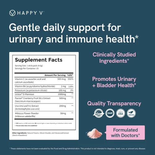 Miniatura 7 de Happy V Paquetes de D-Mannose + Cranberry Stick Suplemento de apoyo del tracto urinario formulado por Dr. Suplementos de manosa D para mujeres