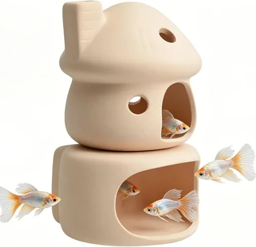 Juego de decoración de acuario de casa de hongos de cerámica, escondite natural sin pintura para betta, camarones, plexiglás y peces de colores,
