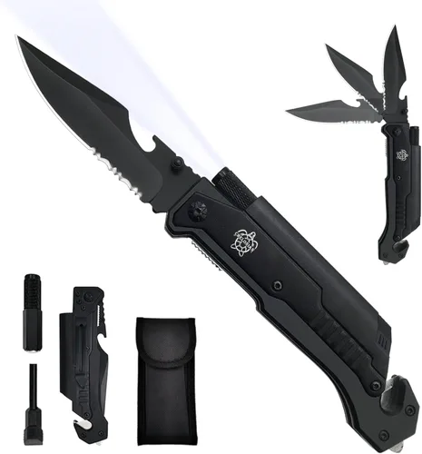 Cuchillo de bolsillo militar EDC de 8.5 pulgadas para exteriores, 7 en 1, cuchillos plegables multifunción con iniciador de fuego, cortador de Negro