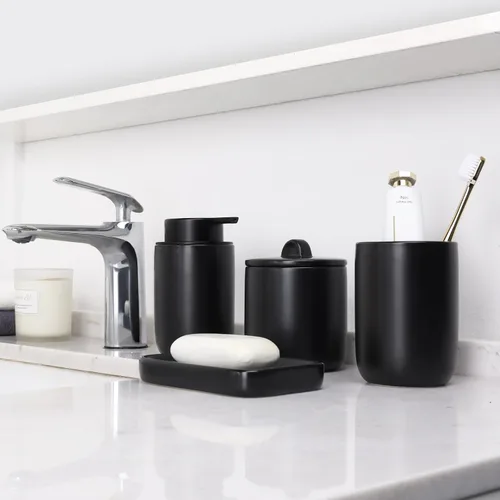 Miniatura 6 de BosilunLife Juego de accesorios de baño de albaricoque, juego de accesorios de baño de cerámica, dispensador completo de jabón espumoso y soporte