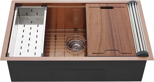 Miniatura 6 de Tourner - Fregadero con estación de trabajo de cocina de acero inoxidable de 32 x 19 pulgadas, color oro rosa