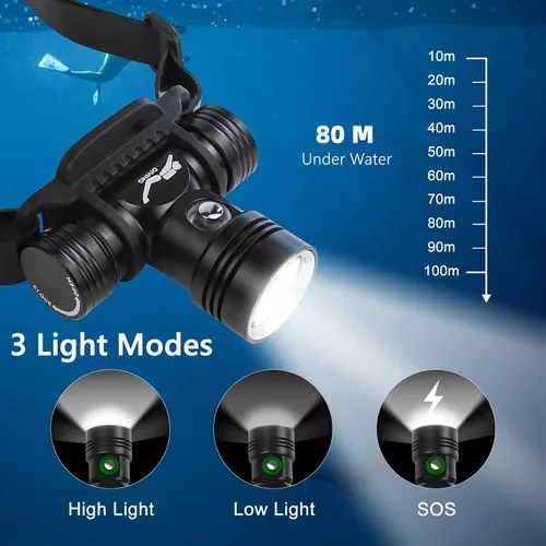 Miniatura 2 de WINDFIRE Faro Frontal de Buceo, Luz de Buceo Recargable, IPX8 Impermeable Faro Subacuático con 3 Modos e Indicador de Energía, Altos Lúmenes, Larga