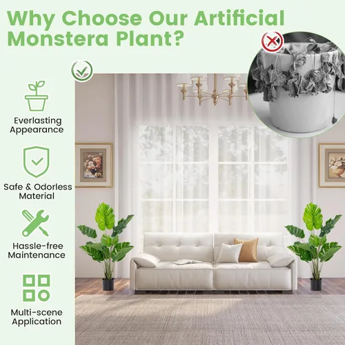 Miniatura 5 de GOFLAME Planta artificial Monstera Deliciosa, árbol sintético en maceta de 4 pies con 10 hojas falsas verdes, planta de queso suizo para decoración