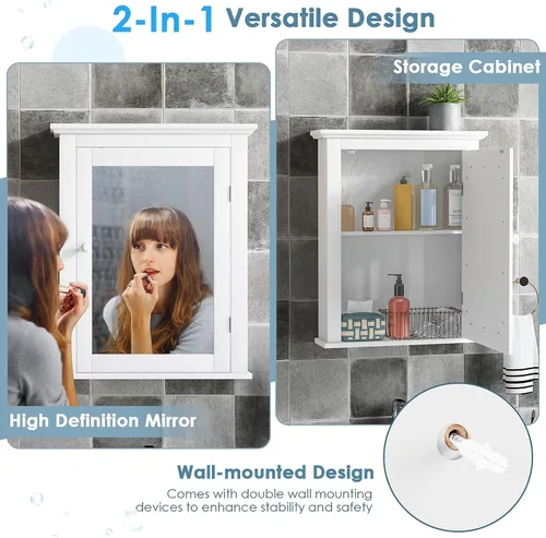 Miniatura 4 de Botiquín blanco con espejo, almacenamiento ajustable montado en la pared para baño, sala de estar, dormitorio, entrada y cocina