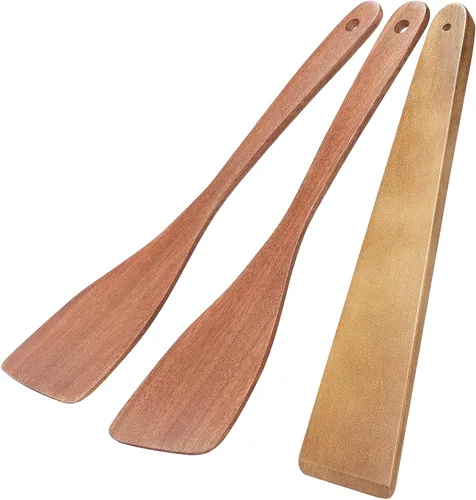 3 espátulas de madera, juego de espátulas planas de mango largo de 12 pulgadas para sartenes antiadherentes, cucharas de madera multiusos para