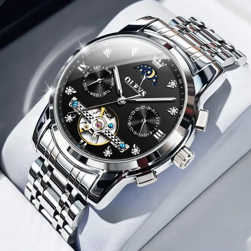 Miniatura 2 de OLEVS Men Automatic Watch Skeleton Moon Phase Dial Luxury Dress Stainless Steel Strap 5 Hands Diamond Men Wrist Watches